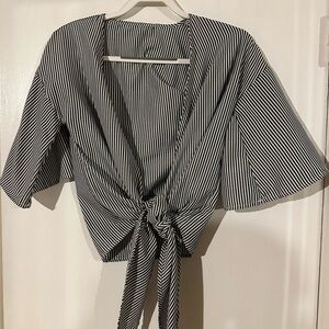 Black and White Striped Tie-Front Top